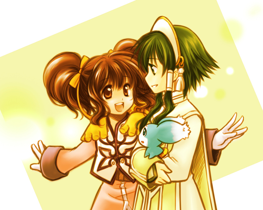 1girl aino_yumeri anise_tatlin blue_eyes brown_eyes brown_hair creature gloves green_eyes green_hair hair_tubes ion mieu ribbon short_hair_with_long_locks sidelocks smile tales_of_(series) tales_of_the_abyss twintails