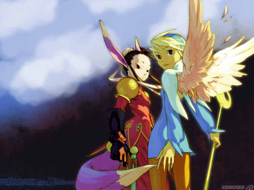 angel_wings animal_ears back black_eyes black_hair blonde_hair breath_of_fire breath_of_fire_iv bun_cover cloud dress eyeshadow feathers flat_chest from_behind frown gloves gun hairband makeup multiple_girls nina_(breath_of_fire_iv) official_art outdoors pale_skin pantyhose ribbon short_dress short_hair sky staff tail third-party_edit ursula_(breath_of_fire) very_short_hair wallpaper watermark weapon white_wings wings yoshikawa_tatsuya