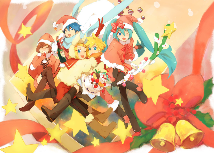 3girls alcohol aqua_hair bell blonde_hair blue_eyes blue_hair blue_scarf boots bottle brown_hair cake christmas detached_sleeves food hat hatsune_miku kagamine_len kagamine_rin kaito meiko mitosa multiple_boys multiple_girls necktie one_eye_closed pastry santa_costume scarf short_hair shorts smile thighhighs twintails vocaloid wine