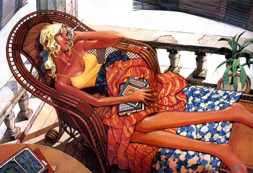 absurdres bamboo_screen bangs bare_arms bare_legs bare_shoulders barefoot blanket blonde_hair blue_eyes blue_ribbon book bookmark breasts cleavage closed_mouth collarbone couch crack dark_skin day electra feet_out_of_frame from_above fushigi_no_umi_no_nadia hair_ribbon hand_on_own_head highres holding indoors listening looking_away looking_to_the_side low_ponytail lying medium_breasts parted_bangs plant potted_plant railing ribbon sadamoto_yoshiyuki sarong sash scan seashell shell signature smile solo spaghetti_strap table tan wooden_floor