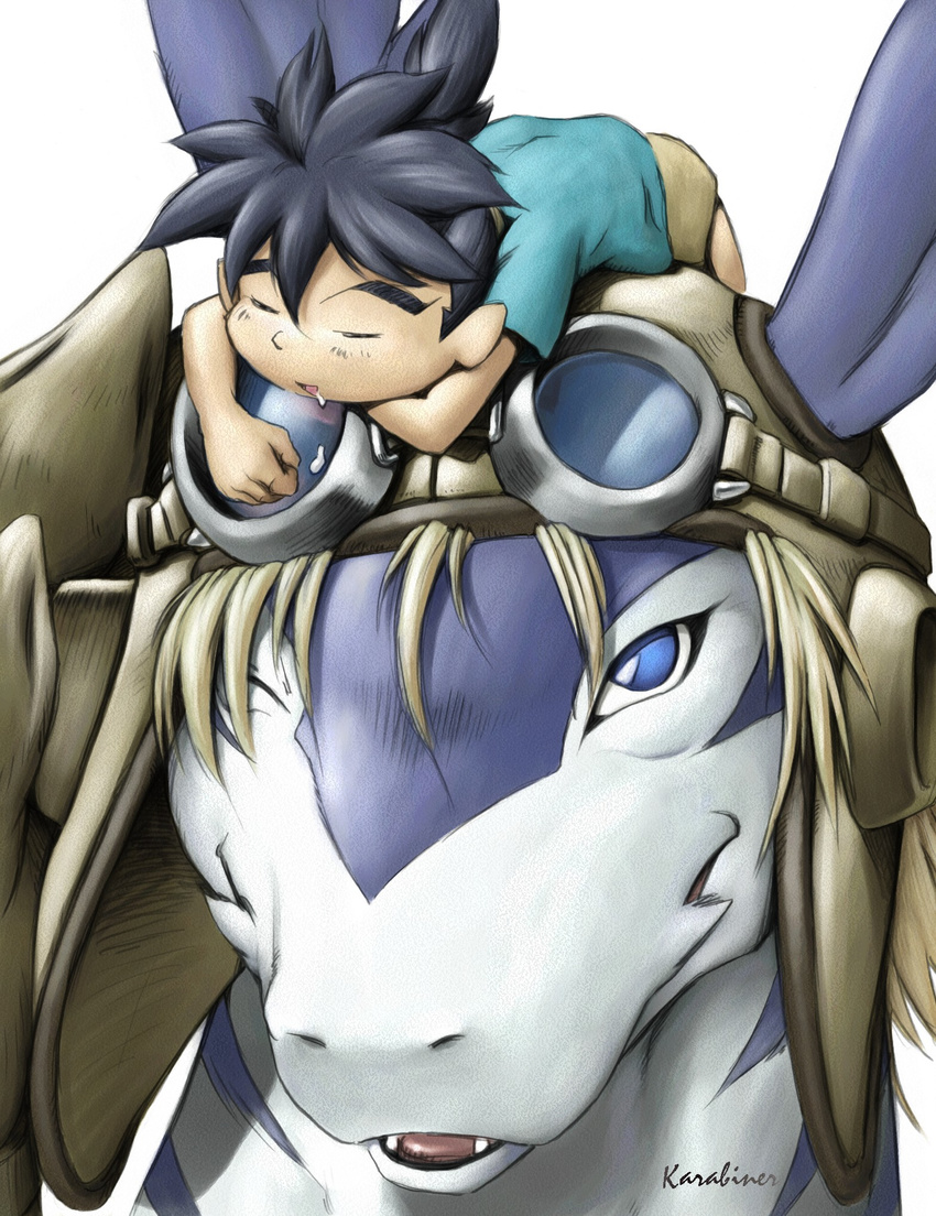 clothed clothing dragon drooling duo eyewear goggles hair hat human karabiner legendz long_hair mammal saliva shiron shu size_difference sleeping smile