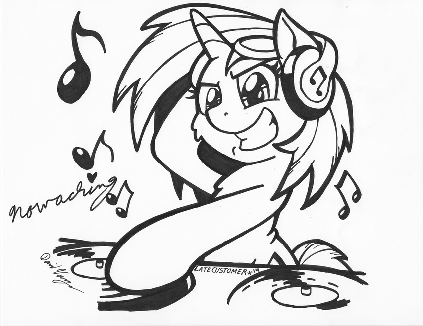 absurd_res black_and_white equine eyewear female friendship_is_magic glasses headphones hi_res horn latecustomer mammal monochrome musical_note my_little_pony plain_background record record_player solo sunglasses turntable unicorn vinyl_scratch_(mlp) white_background