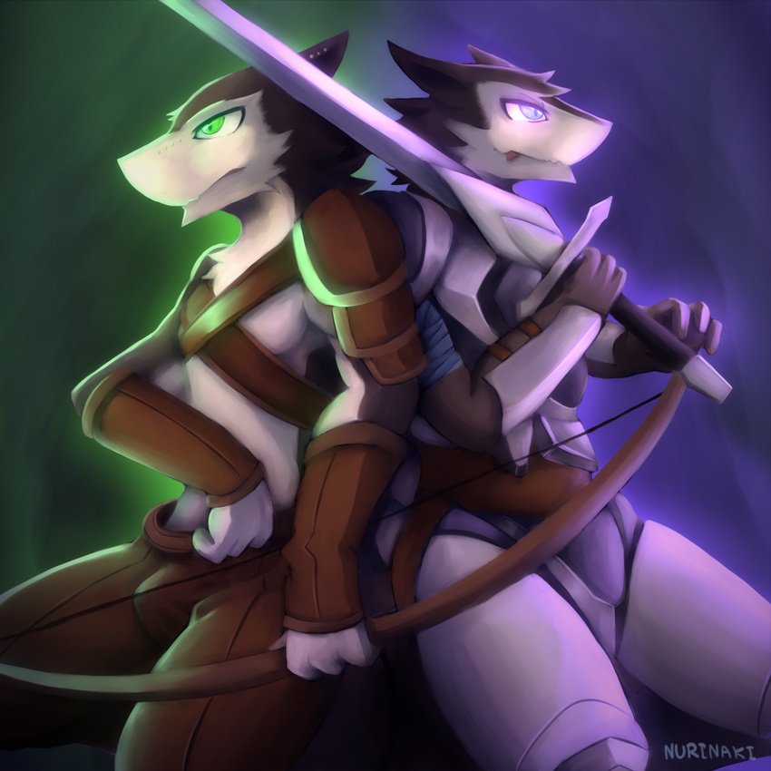 anthro armor bulge clothing duo gix green_eyes male muscles nurinaki pants pecs purple_eyes sergal straps sword weapon