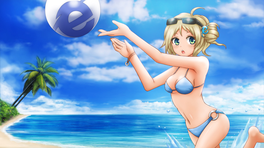 absurdres ahoge aizawa_inori ball barefoot beach bikini bracelet breasts cloud collateral_damage_studios commentary day drill_hair english_commentary eyewear_on_head green_eyes greenteaneko hair_ornament highres internet_explorer jewelry medium_breasts navel ocean official_art open_mouth os-tan outdoors palm_tree personification side_ponytail sky solo sunglasses swimsuit tree wallpaper water