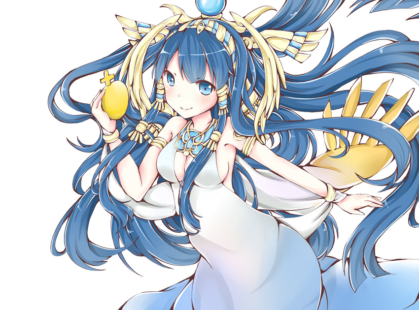 bare_shoulders blue_eyes blue_hair breasts cleavage dress egg gold_egg_(p&amp;d) hair_tubes headdress holding isis_(p&amp;d) long_hair looking_at_viewer medium_breasts mo_(k40633) puzzle_&amp;_dragons smile solo white_dress