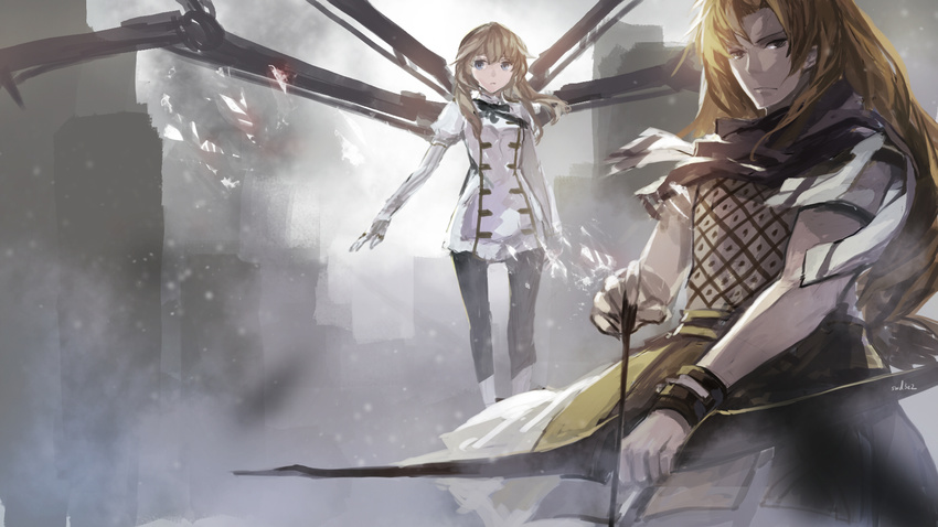 2girls blonde_hair bow_(weapon) brown_hair fate/apocrypha long_hair swd3e2 weapon wristwear