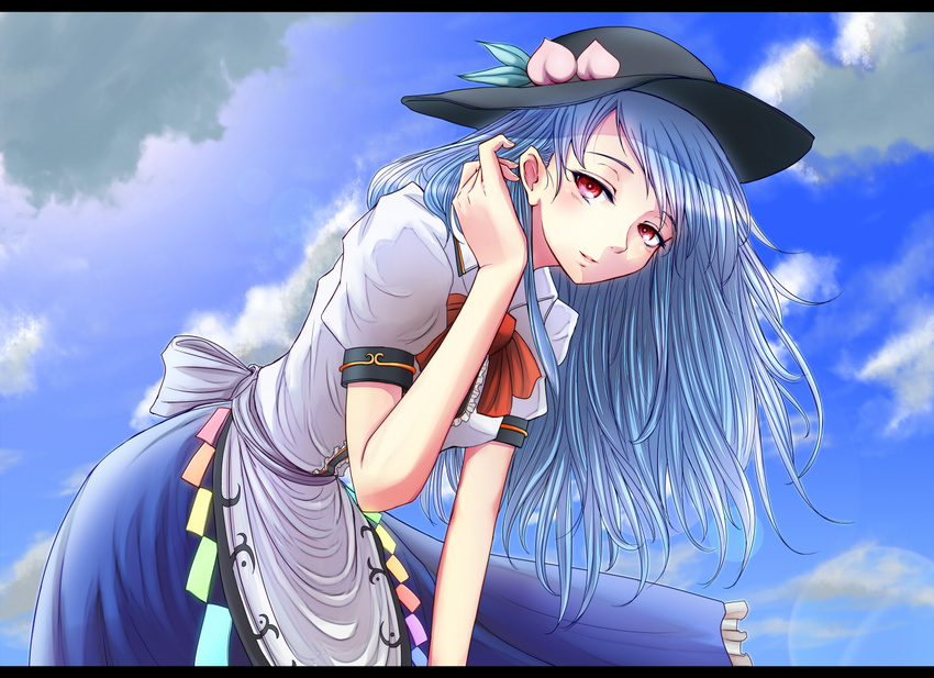 blue_hair blue_sky bow cloud day dress eyelashes food fruit hand_in_hair hat hinanawi_tenshi layered_dress leaf leaning_forward letterboxed light_smile lips long_hair looking_at_viewer nuka_(nvkka) peach red_eyes short_sleeves sky solo touhou