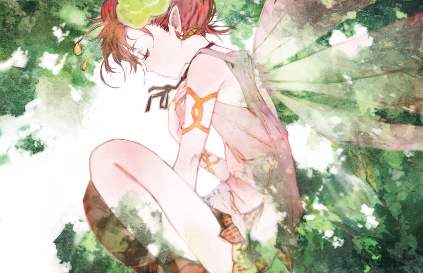 armlet bare_shoulders chain_chronicle closed_eyes dress earrings fairy_wings faux_traditional_media hair_ornament jewelry leaf neck_ribbon pirika_(chain_chronicle) pointy_ears red_hair ribbon ring solo toi8 wings