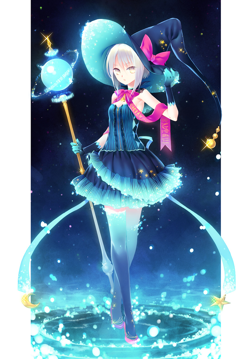 bow crossed_legs gloves hat high_heels highres mada_(mk333) original parted_lips pillarboxed silver_hair skirt solo staff standing star thighhighs watson_cross white_eyes white_hair witch witch_hat