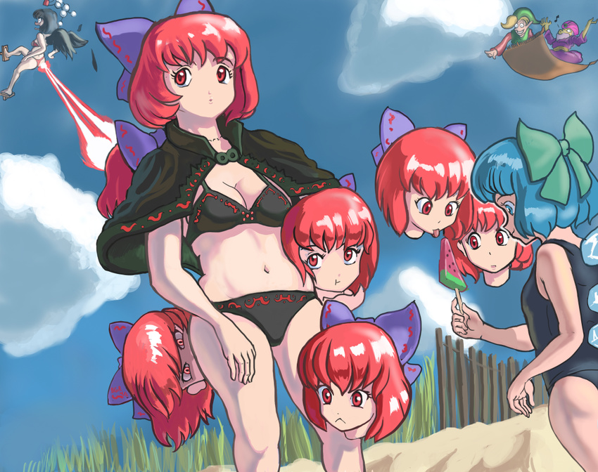 3girls alternate_costume arabian_clothes bikini bird_wings black_hair blue_hair bow cirno cloud cloudy_sky day disembodied_head eye_beam feathers food geta gwonam hair_bow hat laser link magic_carpet multiple_boys multiple_girls multiple_heads pom_pom_(clothes) popsicle profitshame red_eyes red_hair sekibanki shameimaru_aya short_hair sky swimsuit tengu-geta the_legend_of_zelda the_legend_of_zelda_(cd-i) tokin_hat touhou turban watermelon_bar what wings