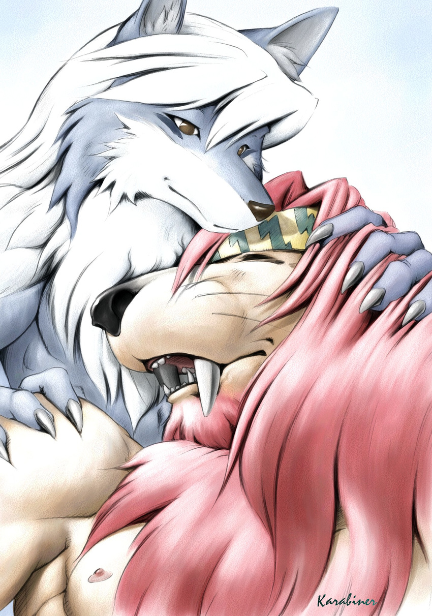 bandanna canine chimera embrace hair hybrid karabiner legendz long_hair love mammal nipples sleeping wolf wolfie