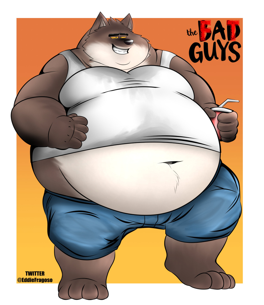 2022 absurd_res anthro belly big_belly black_nose bodily_fluids bottomwear brown_body canid canine canis clothing dreamworks eddiefragoso hi_res humanoid_hands male mammal mr._wolf_(the_bad_guys) obese obese_male overweight overweight_male shirt shorts sitting solo sweat the_bad_guys topwear wolf