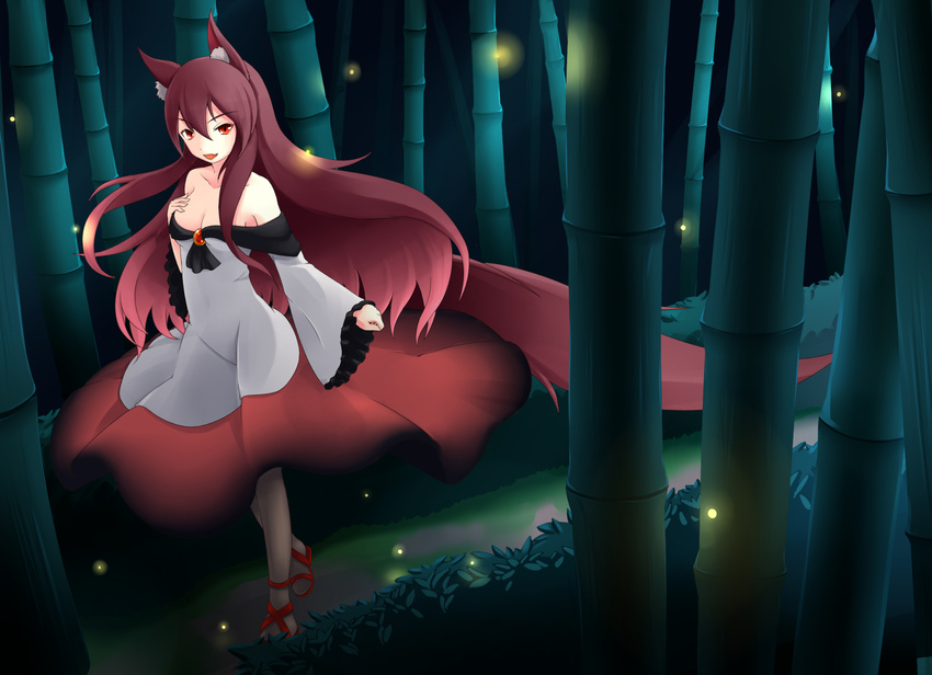 :d animal_ears bamboo bamboo_forest bare_shoulders breasts brown_hair cleavage dress fang forest frilled_sleeves frills highres imaizumi_kagerou inyuppo light_particles medium_breasts nature open_mouth red_eyes smile tail touhou wolf_ears wolf_tail