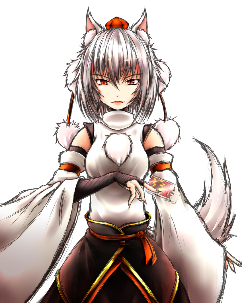 animal_ears bridal_gauntlets detached_sleeves fangs hat highres inubashiri_momiji inyuppo short_hair silver_hair sketch spell_card tail tokin_hat touhou wolf_ears wolf_tail