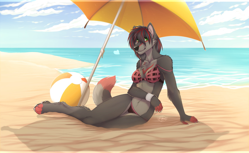 &lt;3 anthro beach beach_ball bra canine cute day f-r95 female green_eyes hi_res kaptainkelly lying mammal pinup pool_toy pose red_highlights sea seaside sky smile solo summer sunny thong underwear wallpaper water wolf