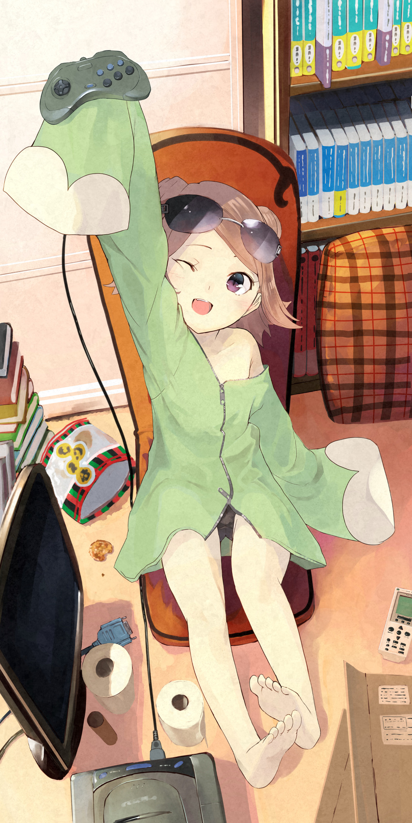 ;d absurdres barefoot bookshelf brown_hair chair controller feet full_body furukawa_itsuse game_console game_controller gamepad hair_bun highres indoors legs long_sleeves one_eye_closed open_mouth original oversized_clothes purple_eyes sega_saturn shirt_slip short_hair sitting sleeves_past_wrists smile solo sunglasses television