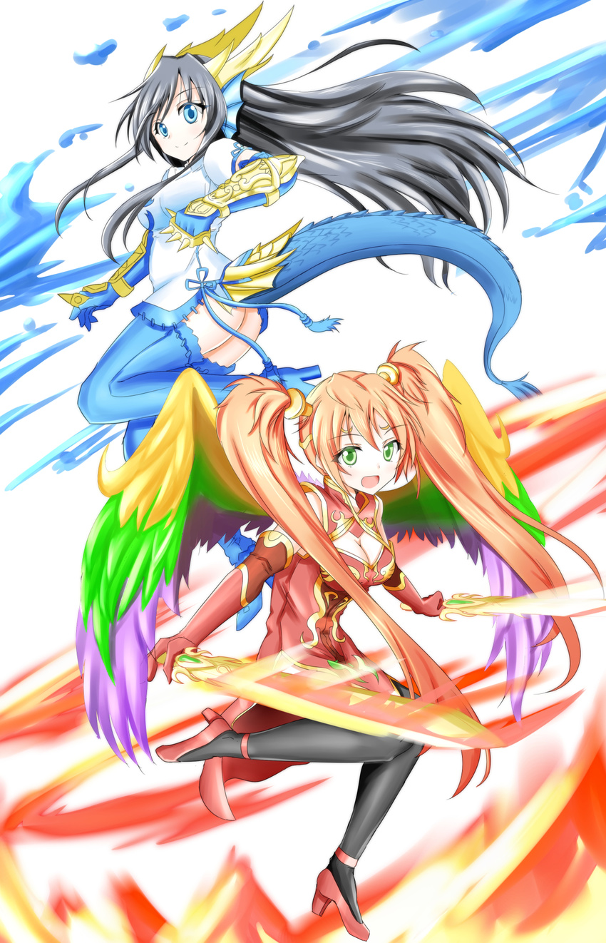 black_hair blue_eyes chinese_clothes cleavage_cutout dragon_tail dual_wielding elbow_gloves fire gauntlets gloves green_eyes head_fins highres holding horns karin_(p&amp;d) leilan_(p&amp;d) long_hair minato_yoshihiro multiple_girls puzzle_&amp;_dragons red_hair smile sword tail thighhighs twintails very_long_hair water weapon wings