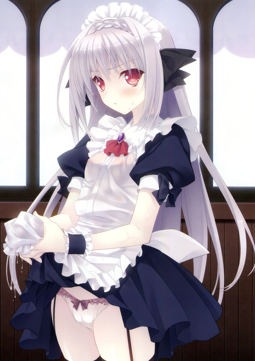 :&lt; absurdres apron black_legwear bow bow_panties braid breasts closed_mouth covered_nipples cowboy_shot crown_braid eyebrows_visible_through_hair frilled_apron frilled_panties frills garter_straps grey_hair hair_bow highres lifted_by_self lowleg lowleg_panties maid maid_apron maid_headdress nipples no_bra otome_riron_to_sono_shuuhen:_ecole_de_paris panties pout red_eyes sakurakouji_luna see-through small_breasts standing suzuhira_hiro sweat thighhighs underwear wet white_panties wringing_clothes wrist_cuffs