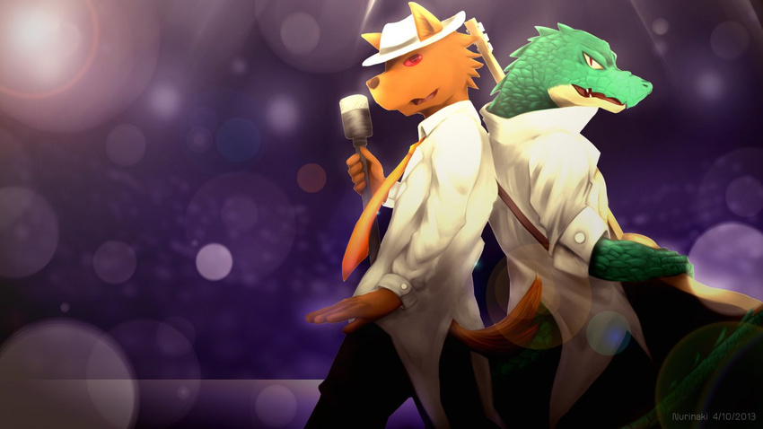 anthro brothers canine clothing crocodile dog guitar hat invalid_tag league_of_legends looking_at_viewer male mammal mic nasus necktie nurinaki pants red_eyes renekton reptile scalie shirt sibling