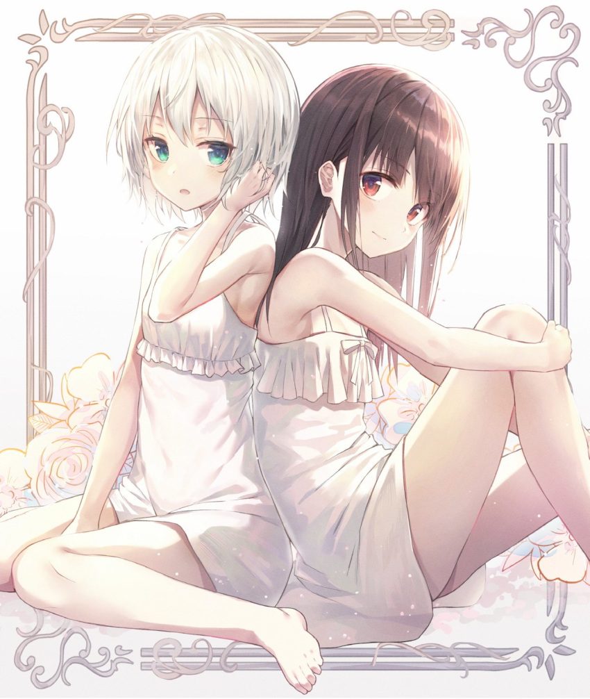 2girls aqua_eyes armpits back-to-back bangs bare_arms bare_shoulders barefoot between_legs black_hair blush closed_mouth collarbone dnwls3010 dress eyebrows_visible_through_hair flat_chest flower frame frilled_dress frills hand_in_hair hand_up head_tilt highres huwali_(dnwls3010) knees_up leg_hug light_particles light_smile long_hair looking_at_viewer multiple_girls original parted_lips red_eyes rose shiny shiny_hair short_hair sidelocks sitting wariza white_dress white_flower white_hair white_rose