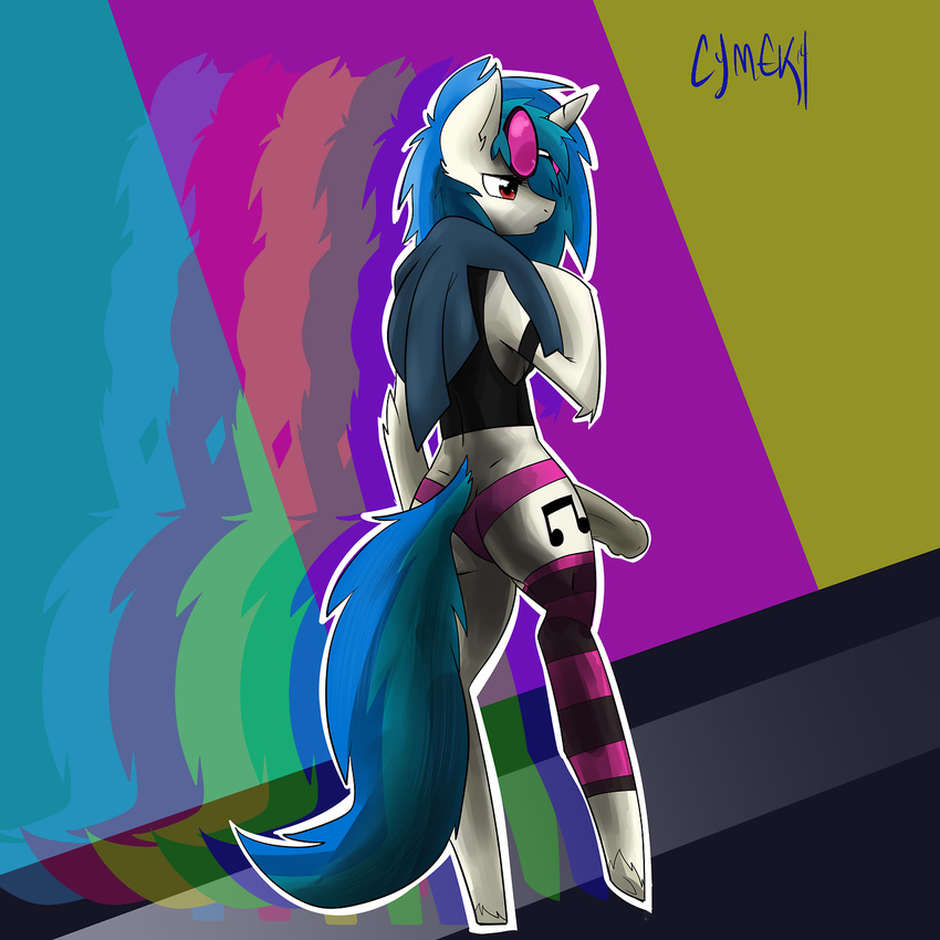 animal_genitalia back_turned blue_hair clothed clothing coat cutie_mark cymek dickgirl equine erection eyewear friendship_is_magic fur glasses hair horn horsecock intersex mammal my_little_pony penis red_eyes solo standing unicorn vinyl_scratch_(mlp) white_fur