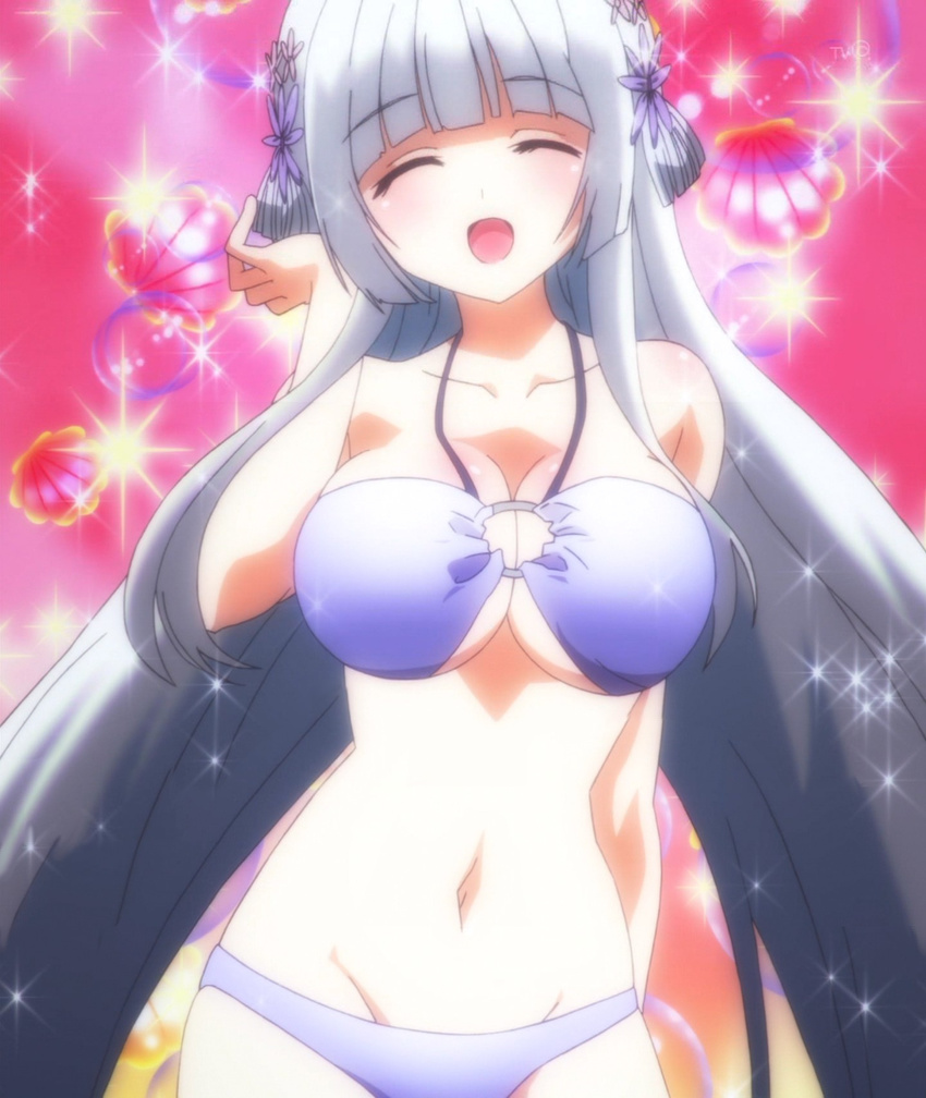 1girl ^_^ ^o^ bikini breasts cleavage eyes_closed kokubyakuin_seira large_breasts o-ring_bikini ore_no_nounai_sentakushi_ga_gakuen_love-comedy_wo_senryoku_de_jama_shiteru screencap silver_hair stitched swimsuit