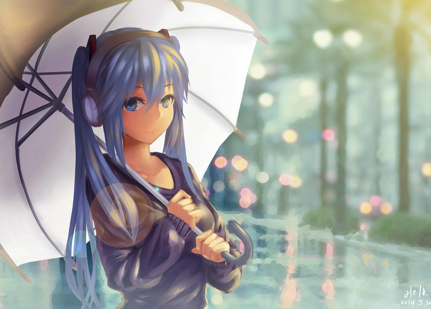 artist_name blue_eyes blue_hair blurry bokeh casual city collarbone dated depth_of_field hatsune_miku headphones helk holding holding_umbrella lens_flare light_smile long_hair long_sleeves looking_at_viewer puddle rain reflection road signature solo street sweater twintails umbrella upper_body very_long_hair vocaloid