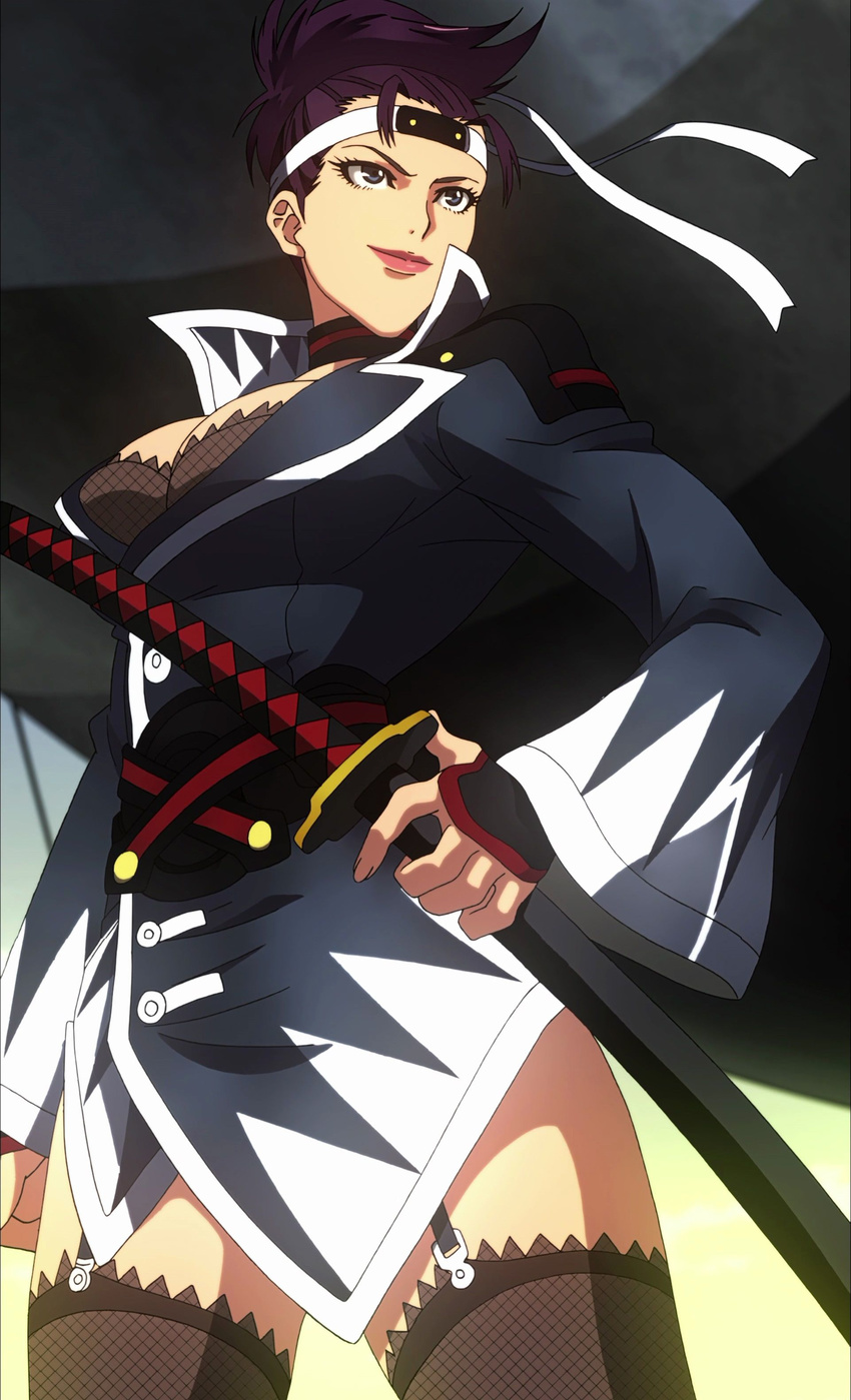 1girl breasts fuuun_ishin_dai_shogun highres large_breasts long_hair screencap smile standing stitched sword weapon