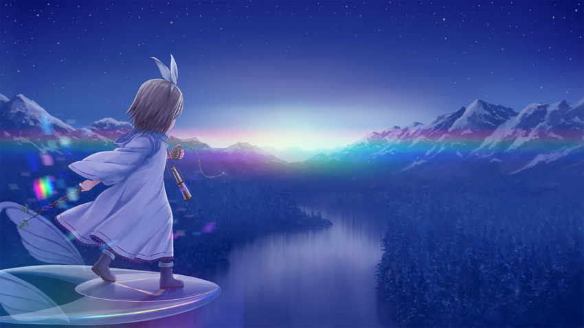 flying forest highres isou_nagi kagamine_rin mountain nature night sky solo star_(sky) starry_sky telescope vocaloid