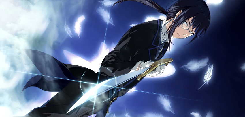 black_hair feathers g_yuusuke game_cg glasses hiiragi_yoshiya light male ponytail sousyu_sensinkan-gakuen_hachimyoujin sword weapon