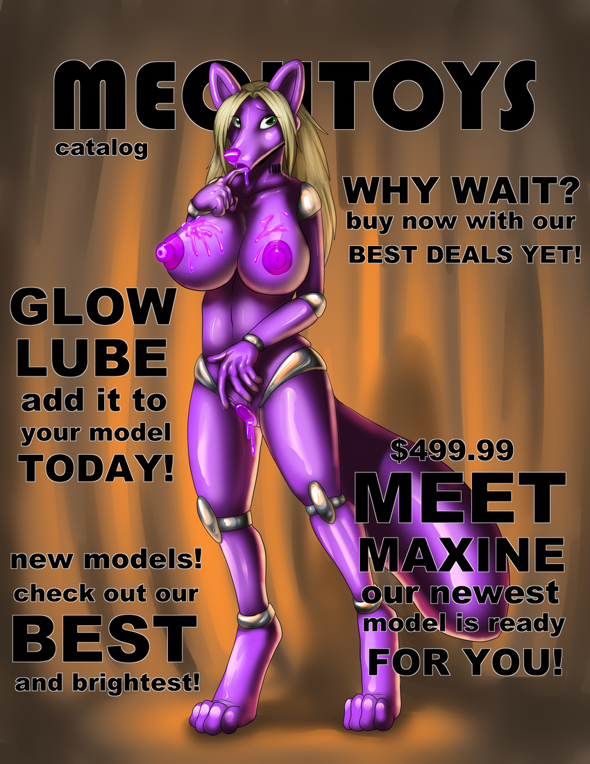 android anthro areola bar_code barcode barefoot big_breasts blonde_hair breasts canine catalog english_text farorenightclaw female finger_on_lips fox front glowing glowing_lube green_eyes hair hi_res huge_breasts huge_nipples long_hair looking looking_at_viewer lube_covered lube_leaking mammal maxine_red paws pinup pose purple_body purple_nipples purple_nose rubber seductive sex_doll shy solo standing text