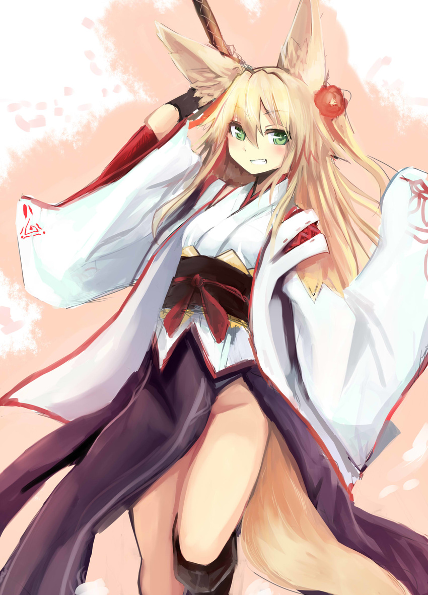 absurdres animal_ears blonde_hair blush flower fox_ears fox_tail green_eyes haik highres japanese_clothes kimono kokonoe_tsubaki long_hair looking_at_viewer original smirk solo tail