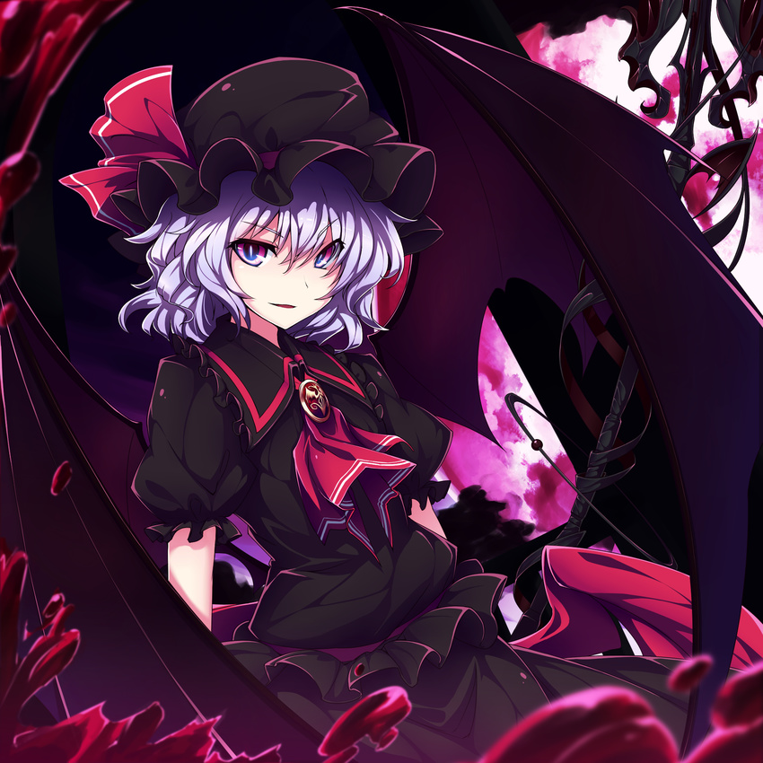 alternate_color ascot bat_wings black_shirt black_wings blood blue_hair brooch hat highres jewelry mob_cap moon open_mouth pink_eyes puffy_sleeves red_moon remilia_scarlet shirt short_hair short_sleeves smile solo spear_the_gungnir touhou ugume wings