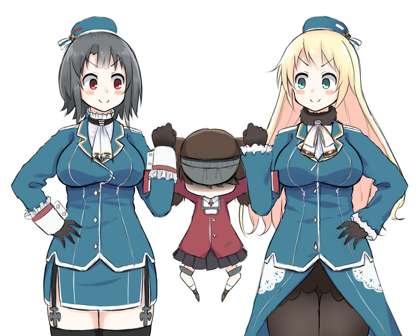 &gt;:) atago_(kantai_collection) black_hair blonde_hair captured_alien chibi hand_on_hip kantai_collection kurono_nekomaru multiple_girls pantyhose red_eyes ryuujou_(kantai_collection) simple_background smile takao_(kantai_collection) thighhighs twintails v-shaped_eyebrows white_background