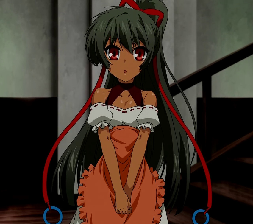 anya_(seikoku_no_dragonar) apron back_hair dark_skin ponytail red_eyes screencap seikoku_no_dragonar waitress