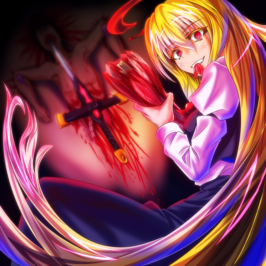 alternate_hair_length alternate_hairstyle blonde_hair blood blood_splatter blood_stain blouse corpse eating ex-rumia guro halo highres in_the_face intestines leg_hold long_hair long_sleeves looking_at_viewer looking_back older red_eyes rumia severed_leg severed_limb skirt slit_pupils smile sword teeth_hold touhou vest weapon zephid