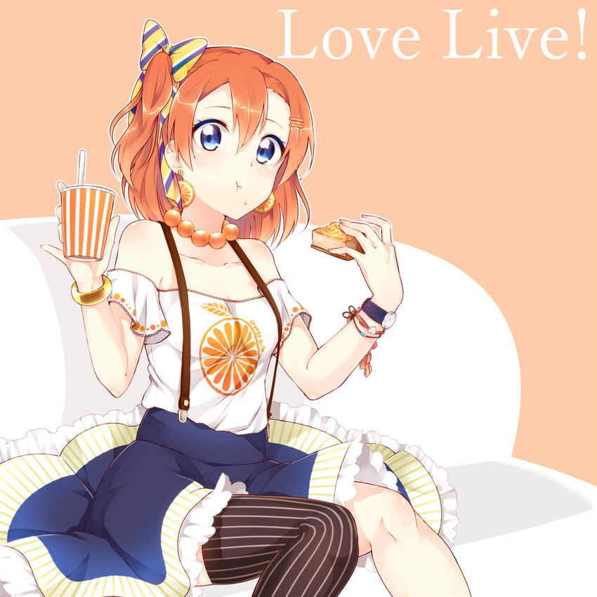 :t asymmetrical_legwear bad_id bad_pixiv_id bow bracelet cake copyright_name couch drink earrings eating food food_on_face food_themed_earrings hair_bow hair_ornament hair_ribbon hairclip hasu_chiga highres jewelry kousaka_honoka love_live! love_live!_school_idol_project off_shoulder one_side_up orange_earrings orange_hair pie pinstripe_pattern print_shirt ribbon shirt short_sleeves single_thighhigh sitting skirt solo striped striped_bow striped_ribbon suspenders thighhighs watch white_shirt wristwatch