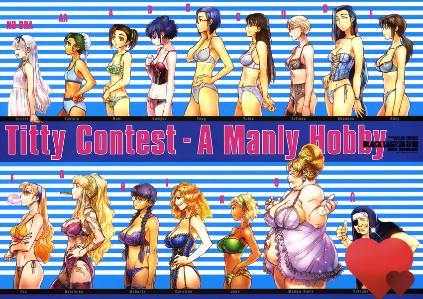 absurdres babydoll balalaika_(black_lagoon) bandeau black_bra black_hair black_lagoon black_legwear black_panties blonde_hair blue_bra blue_hair blue_panties bow bow_bra bow_panties bra bracelet braid breast_conscious breasts brown_eyes brown_hair bubble_blowing bun_cover bust_chart bustier censored character_name chewing_gum cigar closed_eyes corset crossed_arms dark_skin earrings eda_(black_lagoon) english eyepatch fabiola_iglesias fat flat_chest frilled_panties frills from_side garter_belt garter_straps glasses green_bra green_panties gretel_(black_lagoon) grin hairband half_updo halterneck hand_on_hip heart heart_censor highres hiroe_rei huge_breasts janet_bhai jewelry lace lace-trimmed_bra lace-trimmed_panties lace-trimmed_thighhighs large_breasts li_xinlin lineup long_hair low_ponytail madame_flora maki_(black_lagoon) mole mole_under_eye multiple_girls nail_polish navel nightgown panties pink_panties plaid plaid_bra plaid_panties print_bra print_panties profile purple_bra purple_panties red-framed_eyewear revy_(black_lagoon) roberta_(black_lagoon) sawyer_the_cleaner scar shaded_face shenhua short_hair short_twintails side-tie_panties small_breasts smile sparkle sports_bra standing striped striped_panties sunglasses tatiana_yakovleva thighhighs thumbs_up twin_braids twintails underwear underwear_only very_long_hair washimine_yukio white_bra white_panties yellow_bra yellow_panties yolanda