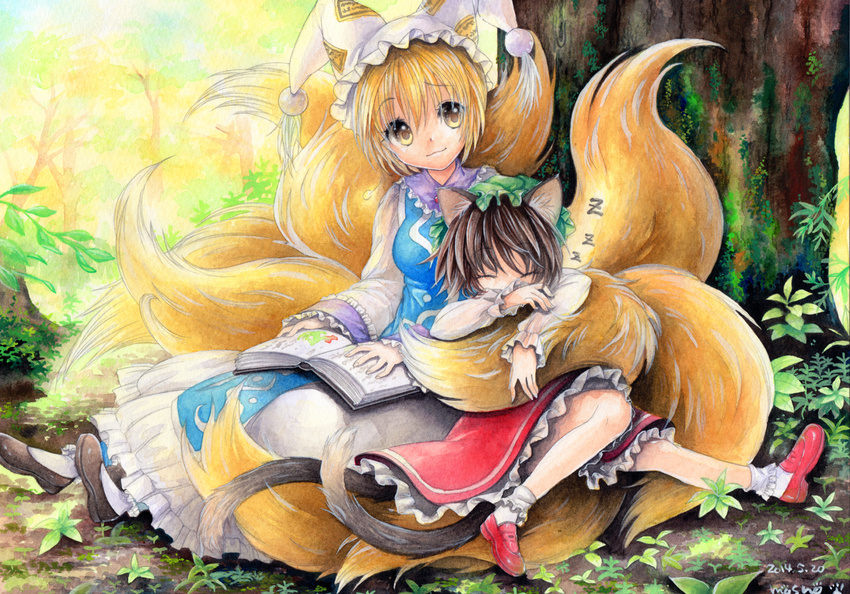 :3 acrylic_paint_(medium) animal_ears artist_name blonde_hair bobby_socks book brown_hair cat_ears chen closed_eyes colored_pencil_(medium) dated forest fox_tail frilled_skirt frills hat loafers long_sleeves looking_at_viewer mosho moss multiple_girls multiple_tails nature outdoors shoes short_hair signature sitting skirt sleeping sleeping_on_person socks tabard tail touhou traditional_media tree two_tails watercolor_(medium) yakumo_ran yellow_eyes zzz
