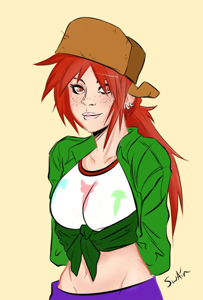 2014 arms_behind_back breasts brown_eyes clothing ear_piercing female foster's_home_for_imaginary_friends frankie_foster freckles hair hat human jacket looking_at_viewer mammal navel piercing red_hair shirt smile solo swain_(artist)