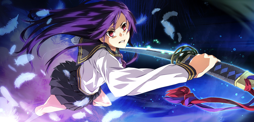 feathers g_yuusuke game_cg katana light long_hair purple_hair red_eyes seifuku sera_mizuki sousyu_sensinkan-gakuen_hachimyoujin sword weapon