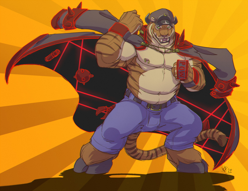 anthro chubby clohing clothing coat feline fur hat hooves horn hybrid kill_la_kill male mammal muscles nipple_piercing nipples piercing plain_background rrowdybeast tarke tiger tigerbull werelion2003