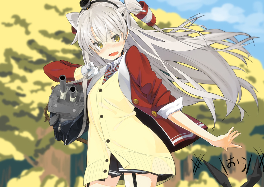 :d alternate_costume amatsukaze_(kantai_collection) animal_ears bag blush bunny_ears cardigan fang gloves iwasaki_takashi jacket kantai_collection long_hair multiple_girls necktie open_mouth out_of_frame rensouhou-kun school_uniform shimakaze_(kantai_collection) silver_hair single_glove skirt smile turret two_side_up v-shaped_eyebrows yellow_eyes