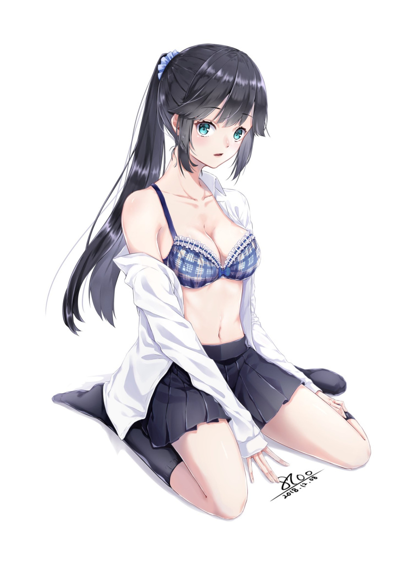 1girl aqua_eyes bangs bare_shoulders black_hair blush bow bow_bra bra breasts collarbone dated dress_shirt eyebrows_visible_through_hair frilled_bra frills hair_ornament hair_scrunchie high_ponytail highres kneehighs long_hair looking_at_viewer medium_breasts navel off_shoulder open_clothes open_shirt original parted_lips plaid plaid_bra pleated_skirt ponytail school_uniform scrunchie shiny shiny_skin shirt sidelocks simple_background sitting skirt sleeves_past_wrists solo underwear wariza
