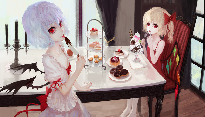 apple bad_id bad_pixiv_id bat_wings blonde_hair bow cake candelabra candle casual chair chocolate_banana collarbone crystal cupcake curtains doughnut eyelashes finger_licking flandre_scarlet food fruit hair_bow highres ice_cream lavender_hair licking multiple_girls nail_polish no_hat no_headwear red_eyes remilia_scarlet siblings side_ponytail sisters sitting skirt skirt_set spoon sundae table tiered_tray touhou tuzki wafer_stick window wings