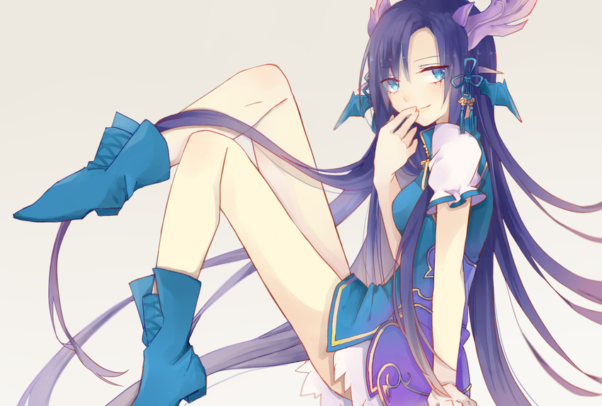 blue_dress blue_eyes blue_footwear blue_hair boots dress head_wings highres horns karin_(p&amp;d) long_hair puffy_sleeves puzzle_&amp;_dragons shiao short_sleeves smile solo white_background