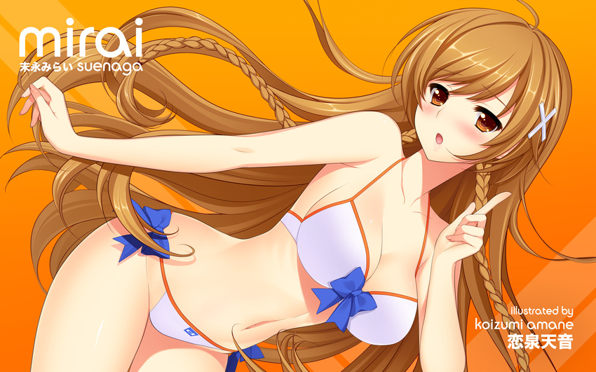 artist_name bikini blush bow_bikini braid breasts brown_eyes brown_hair character_name cleavage culture_japan hair_ornament highres koizumi_amane large_breasts long_hair midriff navel open_mouth smile solo suenaga_mirai swimsuit twin_braids white_bikini