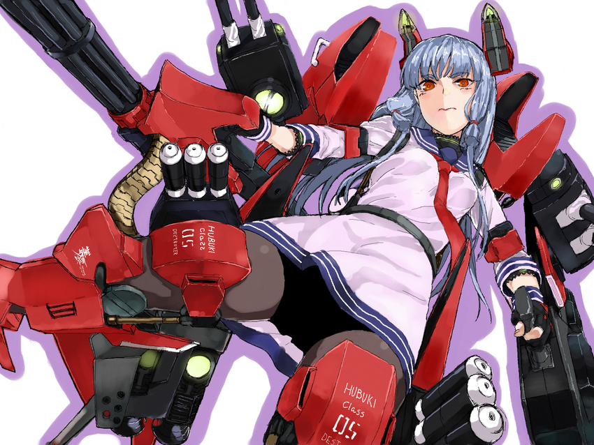 blue_hair cloud_breaker_01 crossover highres kantai_collection kirisato_itsuki mecha_musume murakumo:_renegade_mech_pursuit murakumo_(kantai_collection) namesake pantyhose red_eyes school_uniform serafuku