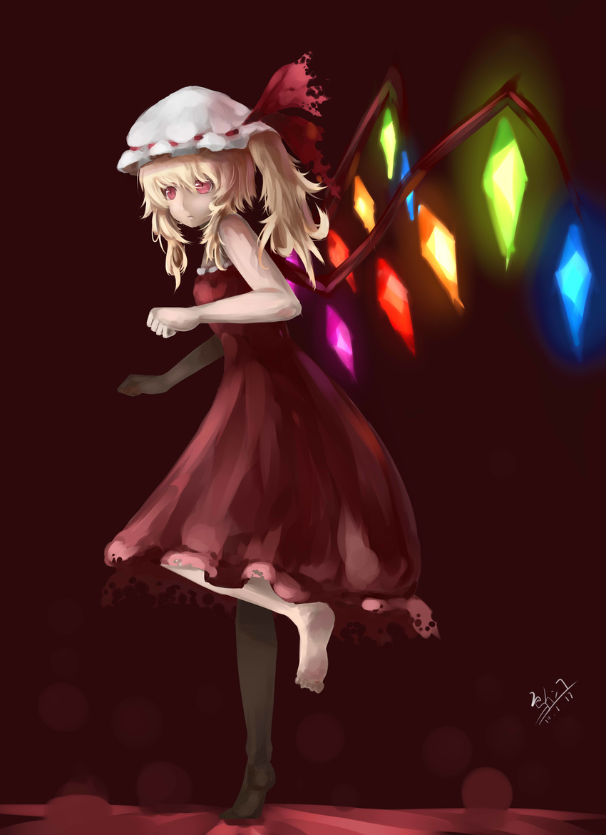 absurdres alternate_costume bad_id bad_pixiv_id barefoot black_legwear blonde_hair crystal dress flandre_scarlet full_body glowing hat hat_ribbon highres mob_cap red_dress red_eyes ribbon side_ponytail single_thighhigh sk_tori slit_pupils solo standing standing_on_one_leg thighhighs tiptoes touhou wings