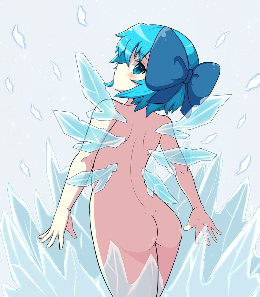 aqua_hair ass back blue_eyes blush bow cirno crystal dimples_of_venus hair_bow highres ice looking_back nude short_hair solo touhou wade wings